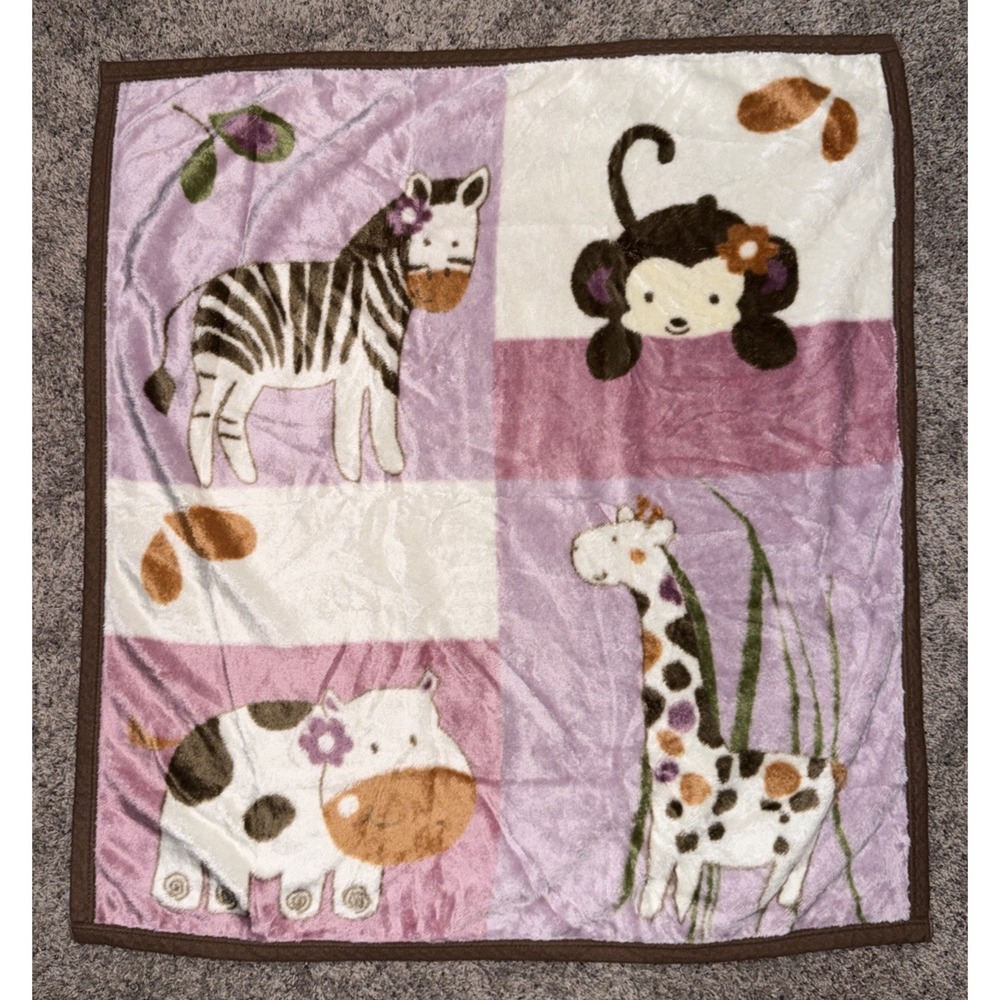 Cocalo Baby Pink Safari Animal Fleece Blanket Zebra Giraffe Monkey Hippo 35x41